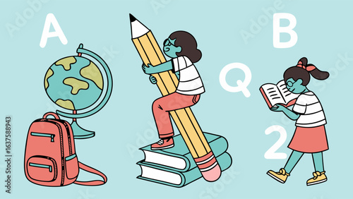 Cartoon Illustration of School Children with Educational Elements.