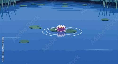 Water lily floats on a tranquil pond with lily pads and reeds in the background