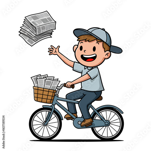 Cartoon Boy Newspaper Delivery on Bicycle with Stack of Papers.
