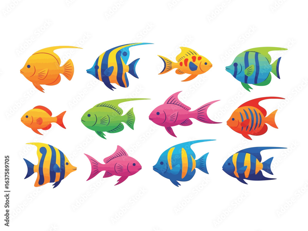 Fototapeta premium Colorful Fish Varieties: Showcasing a vibrant array of tropical fish, this illustration captures the diversity and beauty of aquatic life, perfect for educational content or design projects.