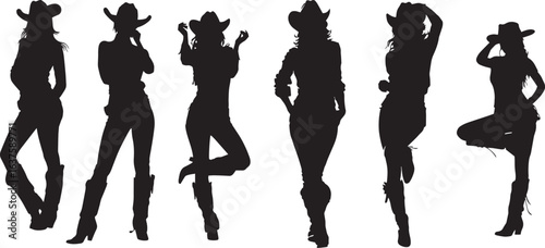Silhouette of Cowgirls in Various Poses, Western Women in Cowboy Hats and Boots, Country Girl Vector Illustration for Rodeo and Wild West Design