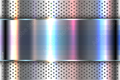 Silver chrome metal background with iridescence holographic colors, shiny lustrous metallic texture with metal banner.