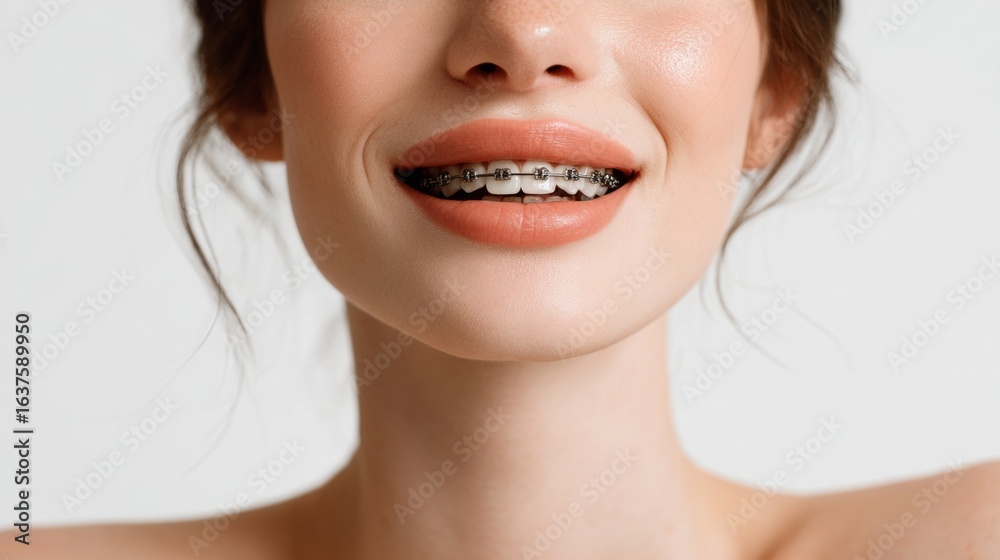 Obraz premium Female wearing braces smiling confidently with glossy lips