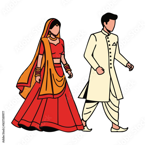 Minimal Hindu Wedding Couple Pheras Ceremony Vector Illustration