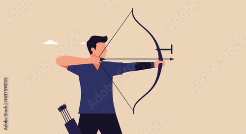Archer pulls back arrow on bow in beige scene with target aim and arrows at waist