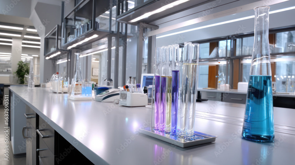 Fototapeta premium Modern microscope and flasks in research chemical scientific center, laboratory background. Study of various diseases in scientific laboratory