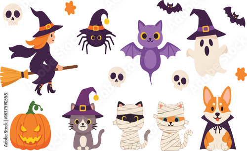 Wallpaper Mural Halloween Cute Characters Collection Witch Bat Cat Pumpkin Mummy Vector Set Torontodigital.ca