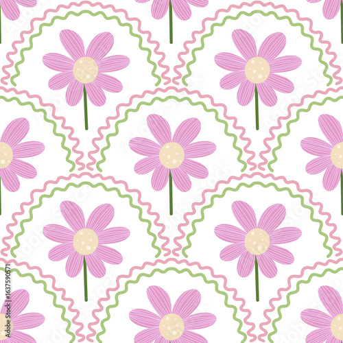 Wallpaper Mural Hand-Drawn Pink Daisy Scallop Seamless Pattern with Green Wavy Arches on white background Torontodigital.ca
