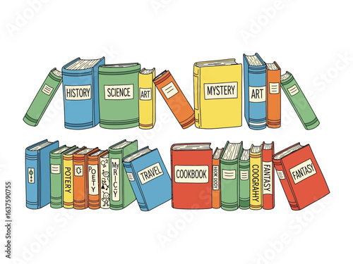 Books of Knowledge: A vibrant array of colorful books, each bearing the promise of exploration across diverse subjects, artfully arranged in a visually striking composition.