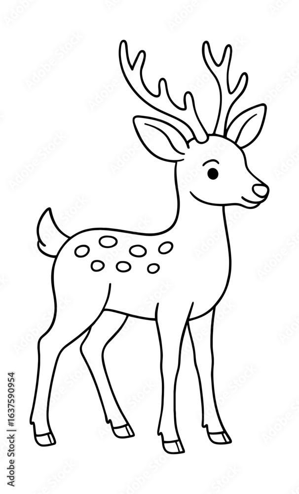 Fototapeta premium Cute deer outline drawing with antlers and spots for coloring pages