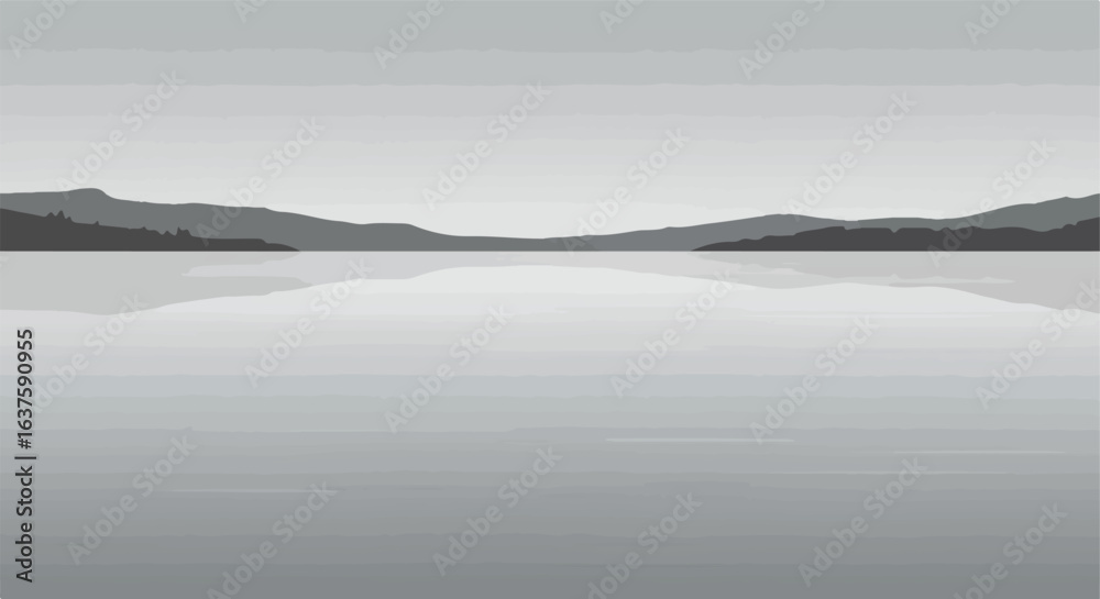 Fototapeta premium Serene grayscale vista. Distant mountains reflect on a calm, glassy lake. Peace