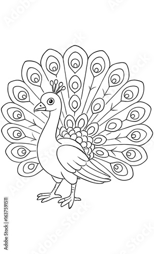 Peacock coloring page featuring intricate feather design for kids and adults