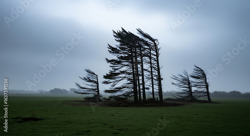 Silhouette of windblown trees in a field under a cloudy sky on a misty day in a nature landscape ai generated