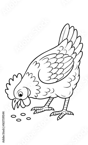 Linear drawing of chicken eating seeds on white background