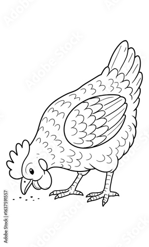 Cartoon chicken pecking at feed in simple line art drawing for coloring pages