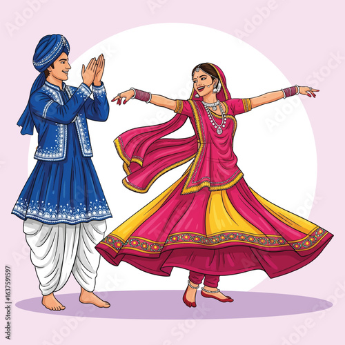 Traditional Punjabi Couple Performing Bhangra Dance in Colorful Outfits – Vector Illustration