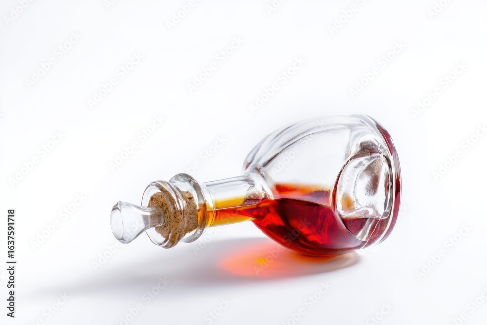 Fototapeta premium Decanter with red liquid and cork stopper laying on side. Alcohol, cognac with transparent glass bottle. Vintage barware for drink concept.