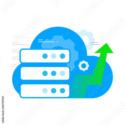 illustration of server rack with rising graph. data growth, cloud service scalability, improved hosting performance. for IT infrastructure, web hosting, big data analytics, cloud computing solutions