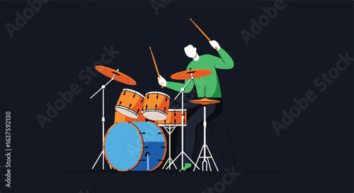 Drummer playing on set with green shirt, sticks up. Orange drum set on the dark background