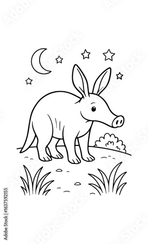 Cute aardvark under the night sky in cartoon style line art