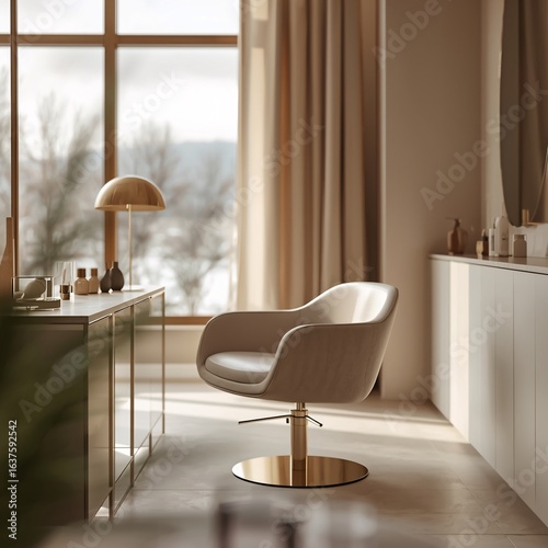 Modern Minimalistic Salon Interior with Matte Golden Accents – Close-Up Luxury Design for Brochures
