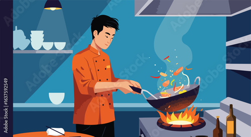Chef is cooking in a wok on the stove with fire and flipping ingredients in the air
