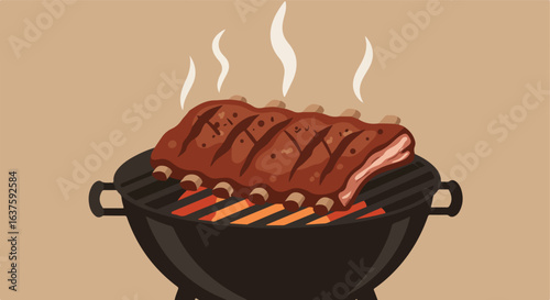Ribs sizzle above the grill, smoke rising in the air against a neutral backdrop