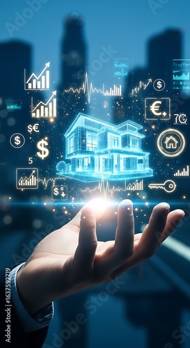 Hand Holding Holographic House with Financial Data and Cityscape Background