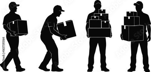Box carrying silhouette, manual labor poses, lifting technique illustration, workplace safety concept, physical task movement, posture variation, job activity, workers