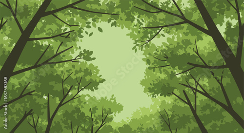 Tree Canopy View Dark branches, green leaves filling image; pale sky in center opening