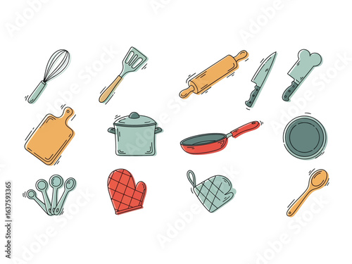 Culinary Essentials: A curated set of kitchen tools, expertly drawn to depict a range of cooking implements. Each object, from a chef hat to a wooden spoon, is depicted in a hand-drawn style.