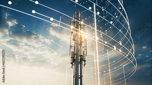 Communication antenna tower using 5G global network concept. Modern telecommunications tower against a vibrant sky with data lines.