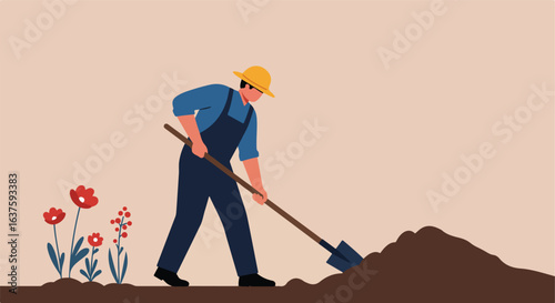 Vector illustration of gardener digging in soil with shovel, flowers blooming