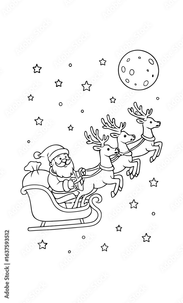 Fototapeta Santa claus flying with reindeer sleigh under moon and stars in outline style