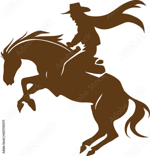 Silhouette of Cowboy Riding Bucking Horse with Flowing Scarf, Western Rodeo Rider Illustration in Brown, Wild West Vector Graphic for Ranch and Frontier Design