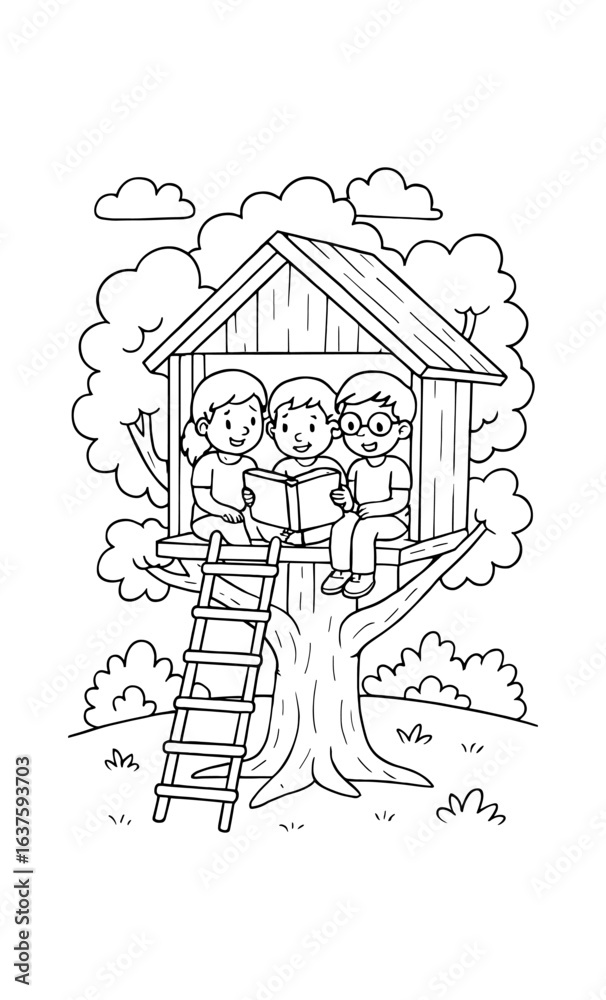Naklejka premium Fun treehouse adventure: kids enjoying outdoor play in nature