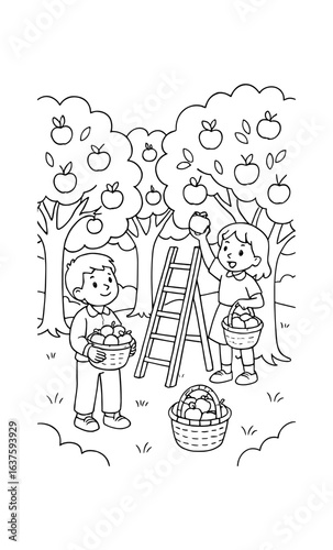 Children harvesting apples in an orchard coloring page