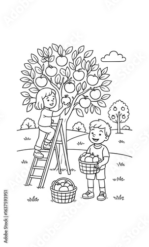 Black and white cartoon kids picking apples from tree in orchard