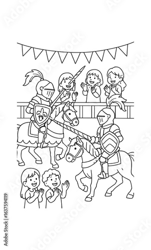 Medieval tournament fun with knights and kids cheering in black and white outline drawing