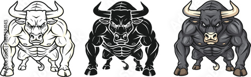 Strong bull mascot vector set, aggressive muscular bull illustration, black and white bull art, cartoon style power animal, graphic bull design