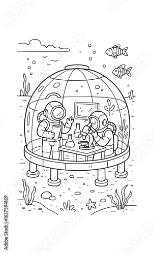 Underwater dome lab with astronauts conducting experiments in linear style