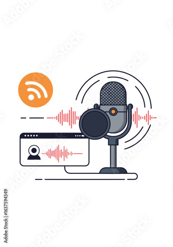 Retro-Style Microphone with Pop Filter and Sound Waves Illustration