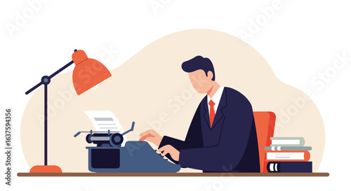 Man in suit typing on a vintage typewriter next to a lamp, books, and papers