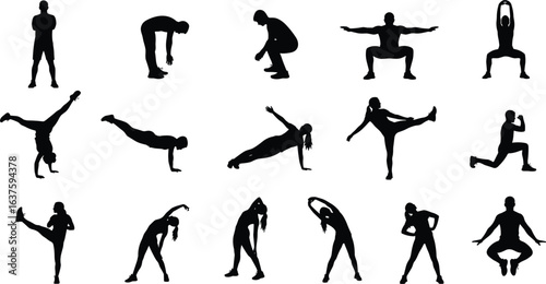 Exercise silhouette set, fitness pose, stretching movement, squatting action, lunging stance, handstand figure, workout routine, body training vector