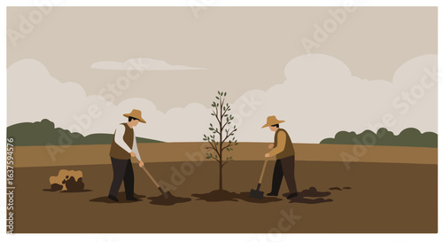 Two people plant tree, both dig with shovels. Flat, stylized, brown color scheme