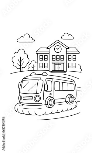 School bus arriving at school: cute black and white outline design