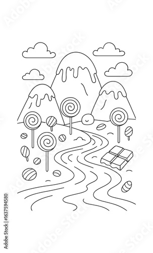 Whimsical candyland with mountains and lollipop trees in linear doodle style