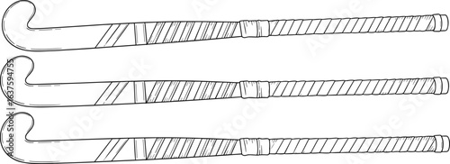 Field hockey sticks, horizontal layout, curved hook design, grip tape handle, sports equipment, athletic gear, striped pattern, training tool