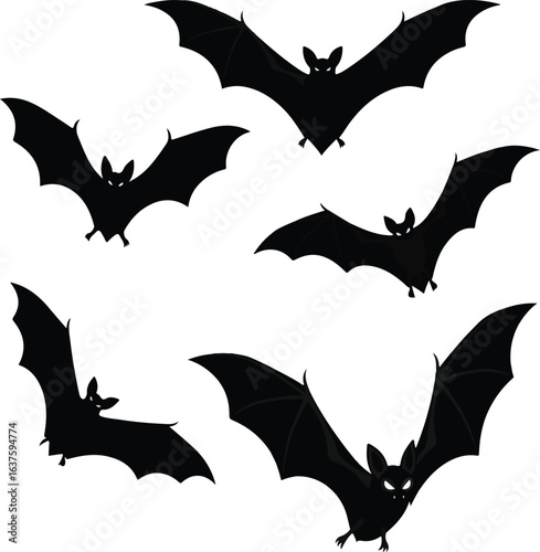 Halloween Flying Bats Silhouettes Black Vector Collection Spooky Decoration Set