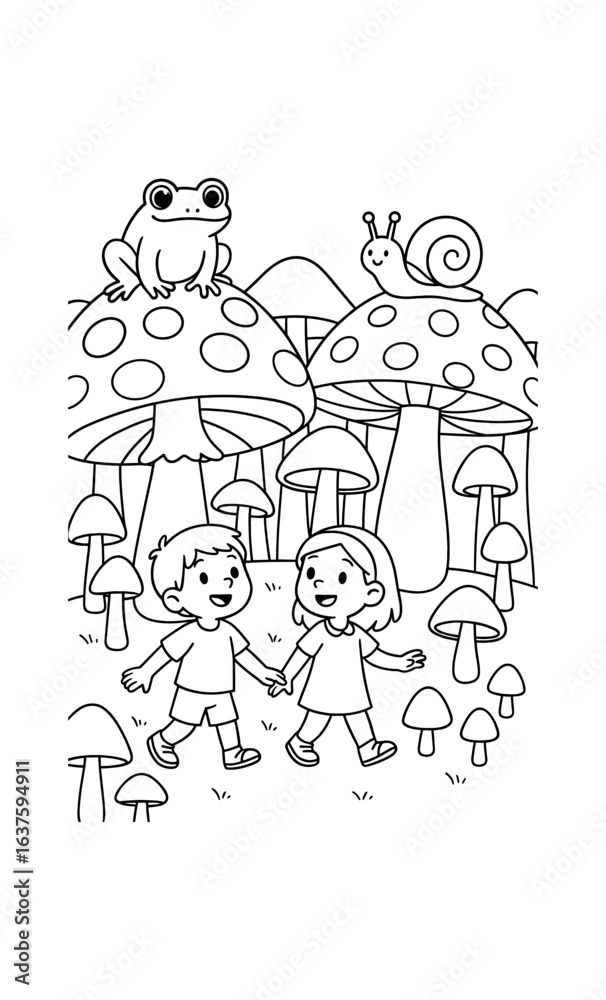 Kids exploring a mushroom forest with friendly animals in black and white art Kids exploring a mushroom forest with friendly animals in black and white art